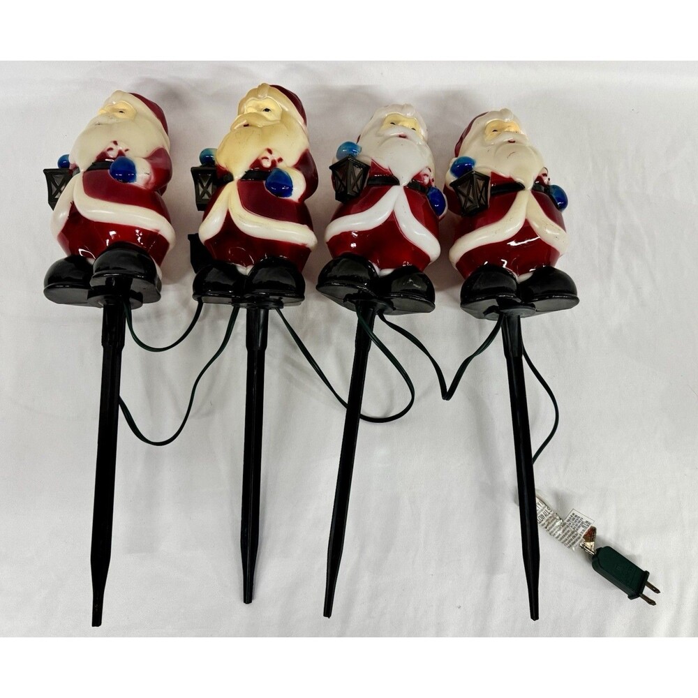 Vintage Set Of (4) Hard Plastic Santa Claus Blow Mold Light Set